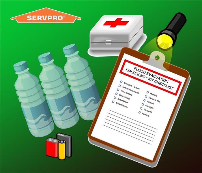 green background with emergency kit items